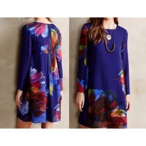 Anthropologie Leifsdottir Blue Silk Swing Dress Abstract Floral Back Zip M